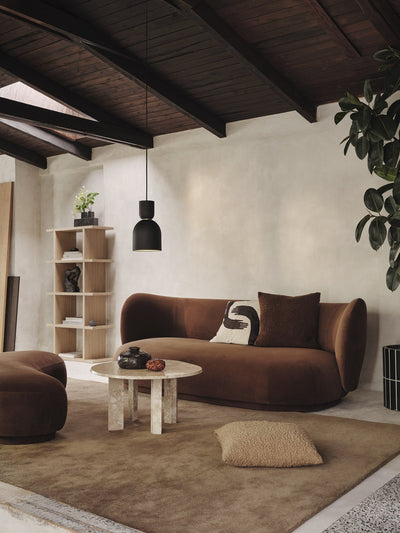 Ferm LIVING Rico Lounger ottoman lifestyle with lounger sofa #colour_soft-brown-rich-velvet