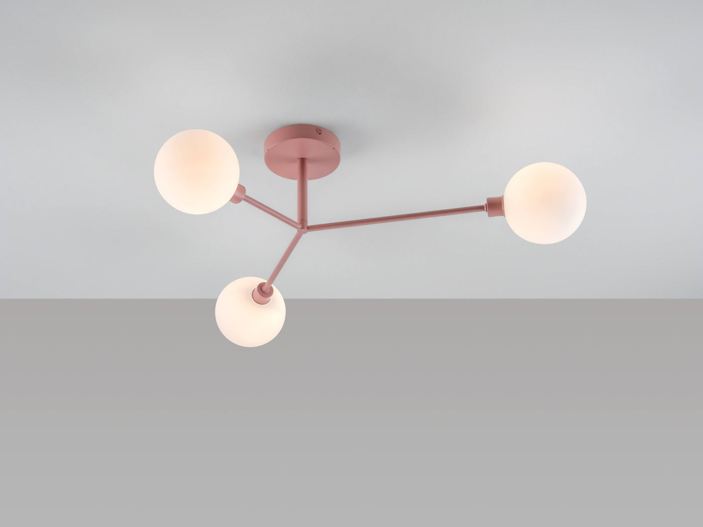 3 light flush ceiling light by houseof. product shot lights on side view  #colour_pink